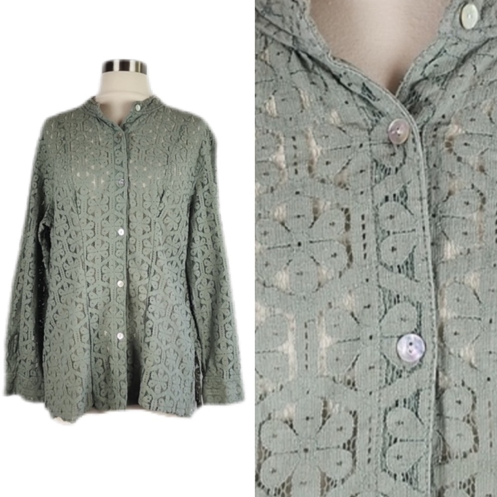 Vintage Boho Light Green Lace Opalescent Button Up Shirt Roll Sleeve Blouse L